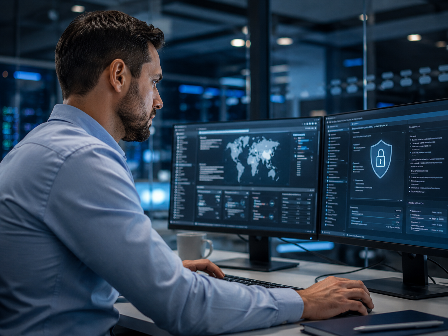 HD image of cyber security professional monitoring secure systems